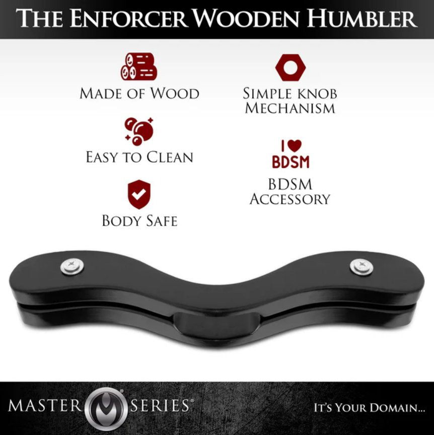 Collage of icons and features around an image of the Master Series Enforcer. Text reads: "Made of wood. Simple knob mechanism. Easy to clean. Body safe. BDSM accessory." | Kinkly Shop
