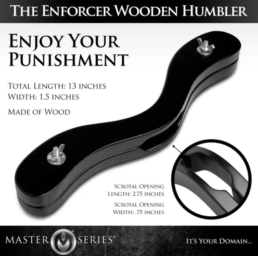 Image of the Master Series Enforcer next to text about it. Text reads: "Enjoy your punishment. Made of wood." | Kinkly Shop