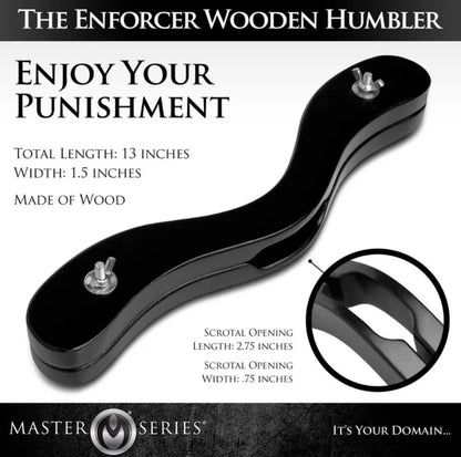 Image of the Master Series Enforcer next to text about it. Text reads: "Enjoy your punishment. Made of wood." | Kinkly Shop