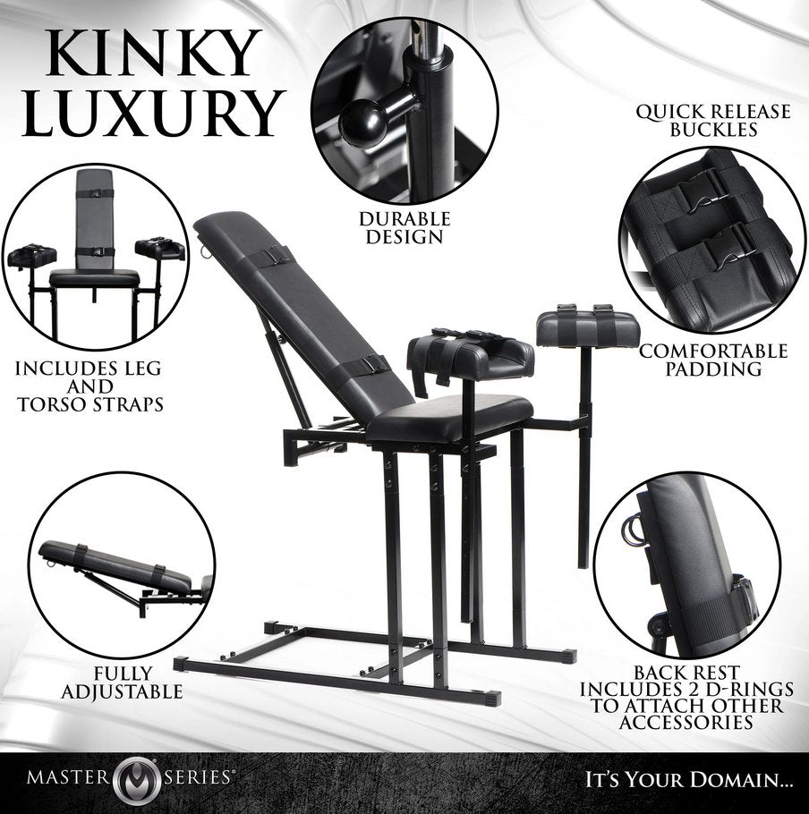 The Master Series Extreme Obedience Chair shown with a collage of feature images surrounding it. Text on the image reads: "Kinky luxury. Durable design. Quick release buckles. Comfortable padding. Back rest includes 2 D-rings to attach other accessories. Fully adjustable. Includes leg and torso straps." | Kinkly Shop