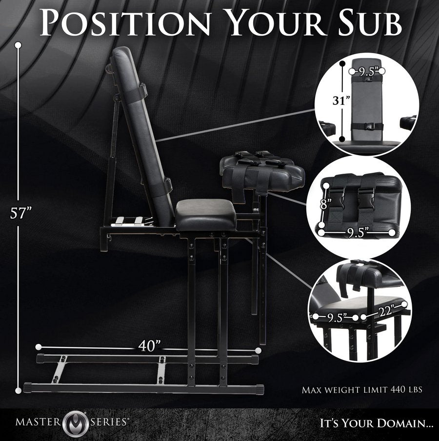 The Master Series Extreme Obedience Chair with measurements superimposed over every aspect of the sex furniture. All measurements are included within the product description text itself. | Kinkly Shop