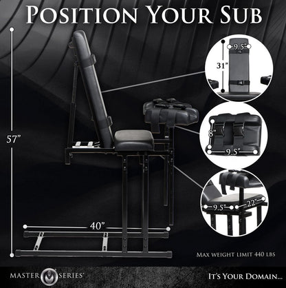 The Master Series Extreme Obedience Chair with measurements superimposed over every aspect of the sex furniture. All measurements are included within the product description text itself. | Kinkly Shop