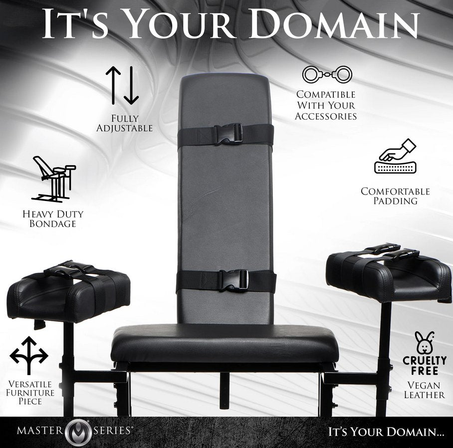 The Master Series Extreme Obedience Chair with icons and text surrounding it, talking about the furniture's features. Text includes "Fully adjustable, heavy duty bondage, versatile furniture piece, compatible with your accessories, comfortable padding, cruelty free vegan leather" | Kinkly Shop