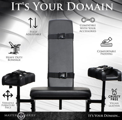 The Master Series Extreme Obedience Chair with icons and text surrounding it, talking about the furniture's features. Text includes "Fully adjustable, heavy duty bondage, versatile furniture piece, compatible with your accessories, comfortable padding, cruelty free vegan leather" | Kinkly Shop