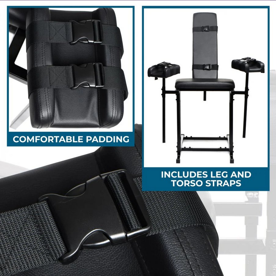 Collage of images showcases the various features of the Master Series Extreme Obedience Chair. Text includes: "Comfortable padding, includes leg and torso straps". There are two straps with large buckles to bind in your partner on each calf rest. There are two matching straps with buckles on the back rest. | Kinkly Shop