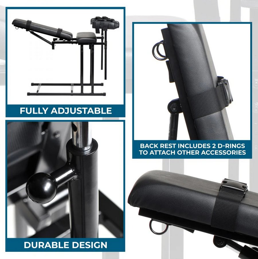 Collage of images showcases the various features of the Master Series Extreme Obedience Chair. Text reads: "Fully adjustable, back rest includes 2 D-rings to attach other accessories, and durable design" | Kinkly Shop