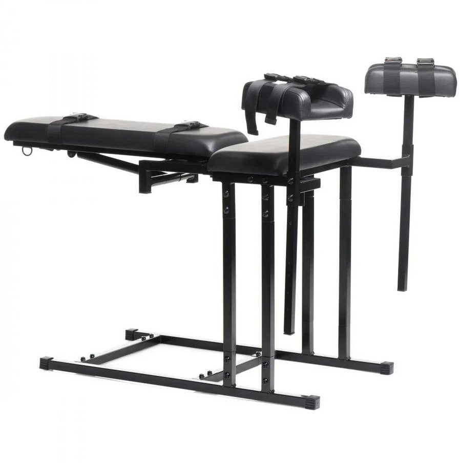 The Master Series Extreme Obedience Chair with the back rest laid entirely down flat. The back rest goes from a nearly-90-degree angle all the way down to flat. | Kinkly Shop