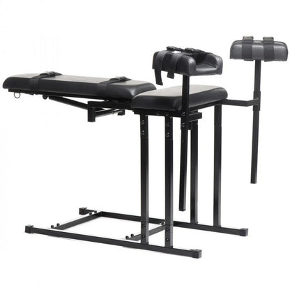 The Master Series Extreme Obedience Chair with the back rest laid entirely down flat. The back rest goes from a nearly-90-degree angle all the way down to flat. | Kinkly Shop