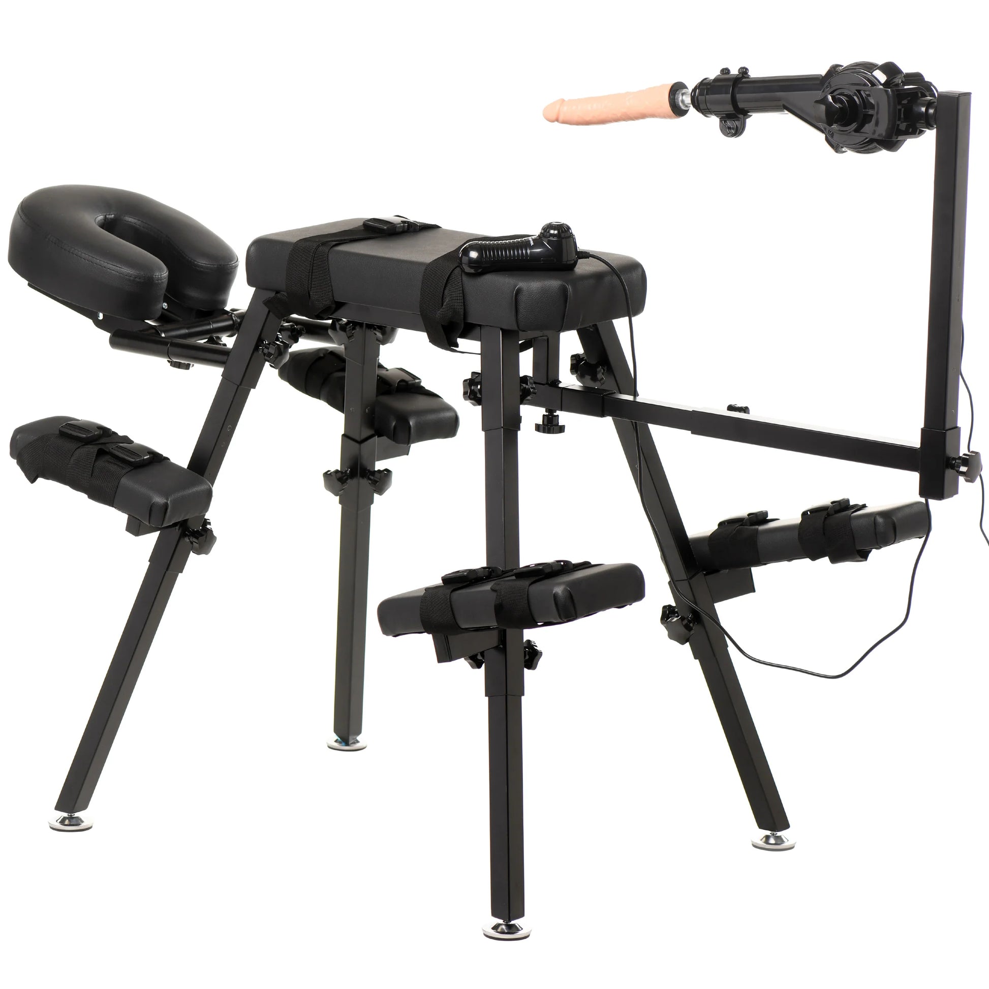 The Obedience Bench with Sex Machine with the sex machine and dildo attached to the furniture. The wired remote is resting on top of the bench to control the thrusting of the sex machine. | Kinkly Shop
