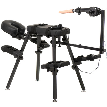 The Obedience Bench with Sex Machine with the sex machine and dildo attached to the furniture. The wired remote is resting on top of the bench to control the thrusting of the sex machine. | Kinkly Shop