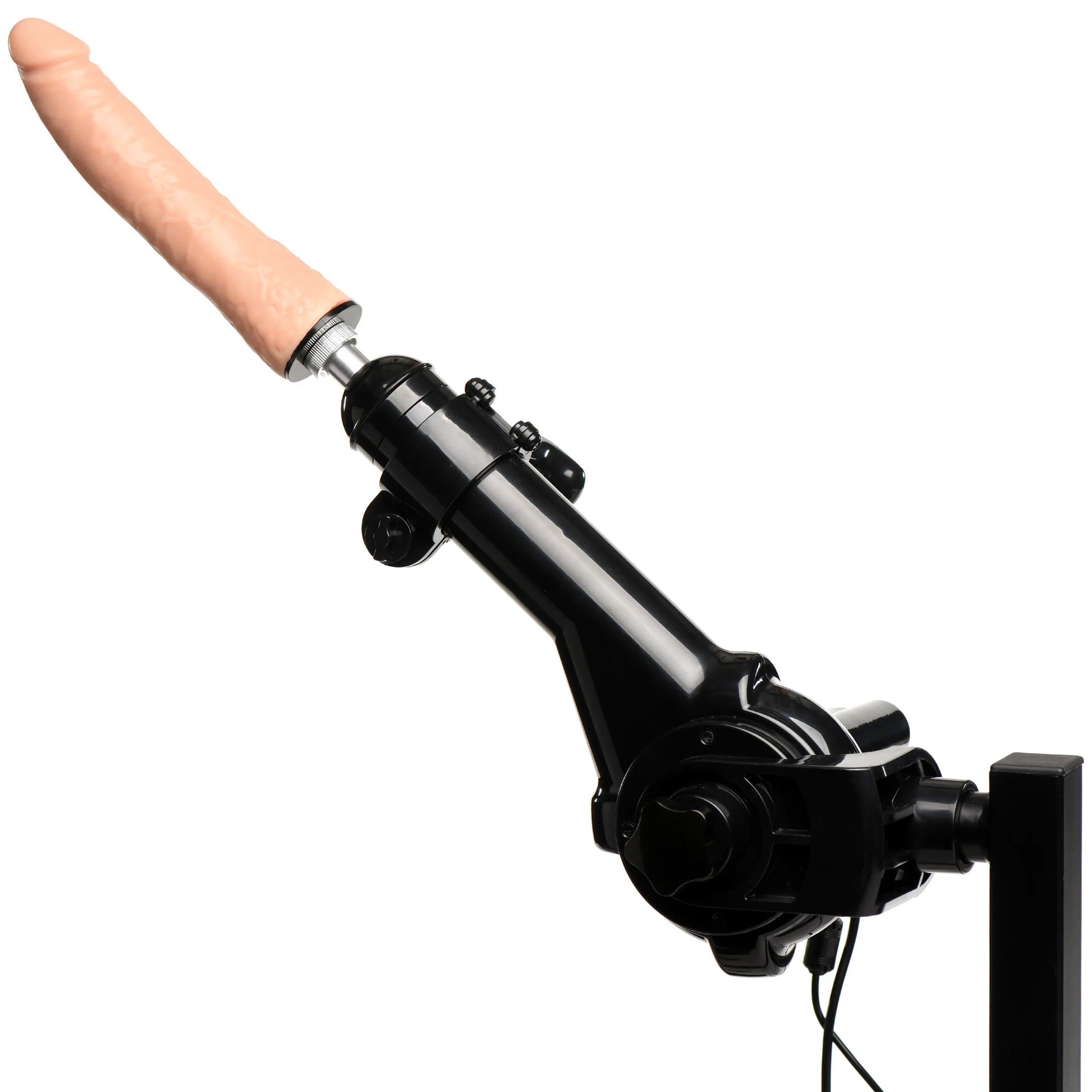 Close-up on the sex machine on the Obedience Bench with Sex Machine. The sex machine can achieve lots of angles, and it's pointed upwards towards the ceiling for this shot. | Kinkly Shop