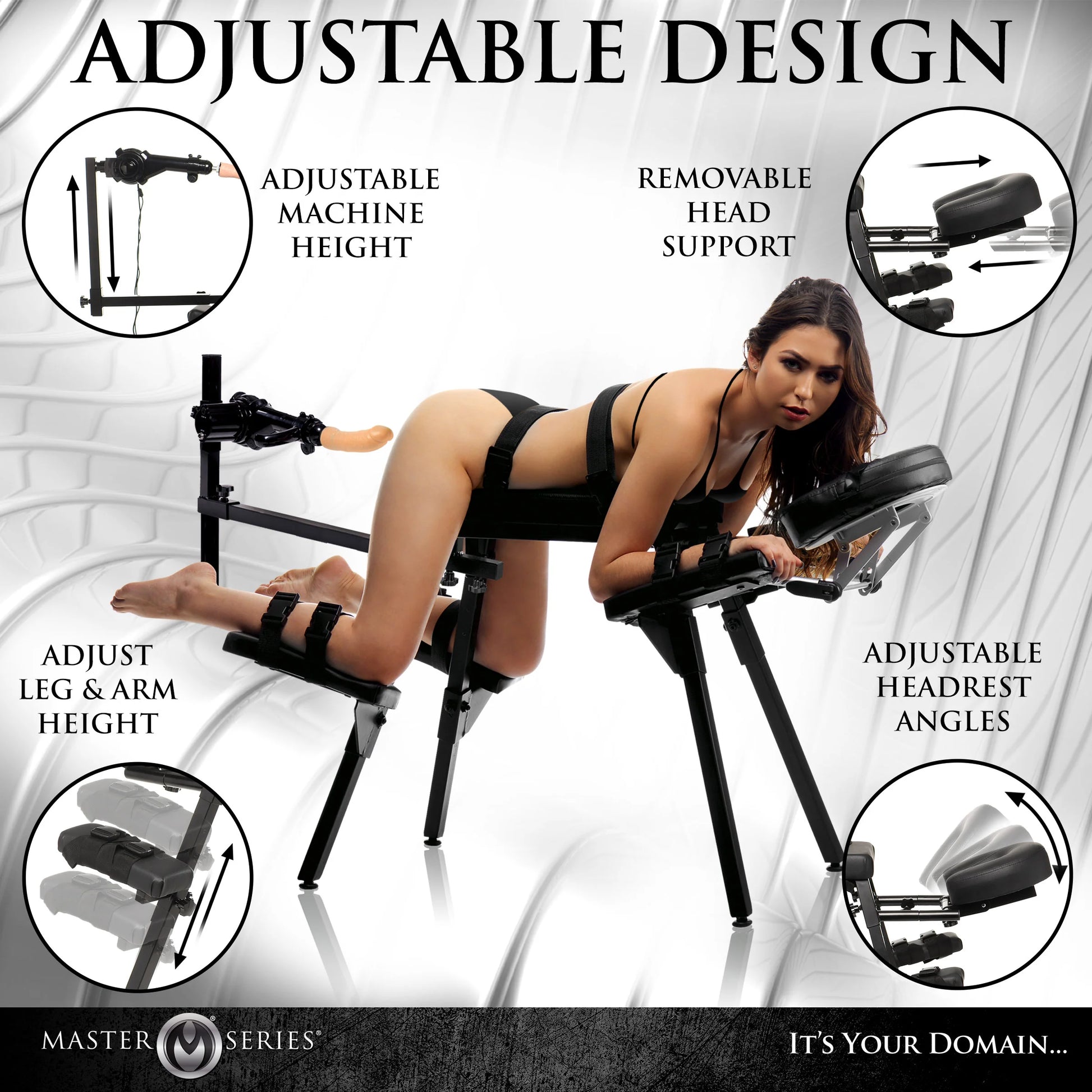A person is laying and bound on the Obedience Bench with Sex Machine. Collage of additional images showcases different features of it. Text includes: Adjustable machine height, Removable head support, Adjust leg & arm height, Adjustable headrest angles. | Kinkly Shop