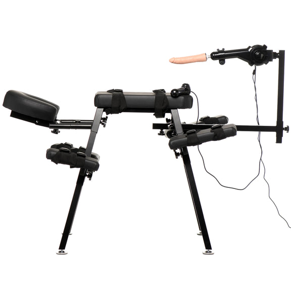 The Obedience Bench with Sex Machine shown with the sex machine attached and pointed at where the person would be bound. | Kinkly Shop