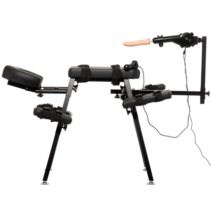 The Obedience Bench with Sex Machine shown with the sex machine attached and pointed at where the person would be bound. | Kinkly Shop