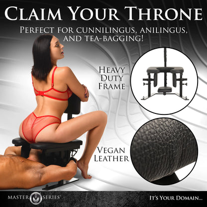 A person sits on the Pleasure Throne. A collage of images showcases the various features of the furniture. Text includes: Claim your throne. Perfect for cunnilingus, analingus, and tea-bagging. Heavy duty frame. Vegan leather. | Kinkly Shop