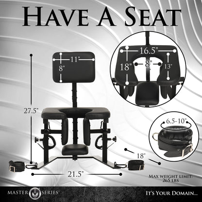 The Pleasure Throne with measurements shown superimposed all over the various sizes of the furniture. All measurements are included within the product description text. | Kinkly Shop