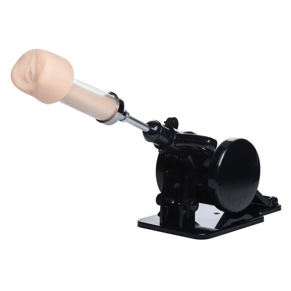 The Robo FUK Sex Machine shown with a penis stroker sex toy attached to the end of it. This would push the stroker onto a penis. | Kinkly Shop