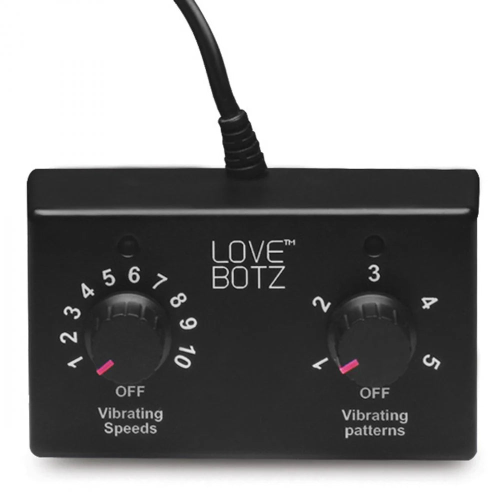 Close-up on the remote control for the Sex Saddle Pro. There's 10 incremental vibrating speeds. There are 5 vibration pattern options." } Kinkly Shop