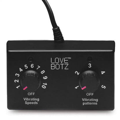 Close-up on the remote control for the Sex Saddle Pro. There's 10 incremental vibrating speeds. There are 5 vibration pattern options." } Kinkly Shop