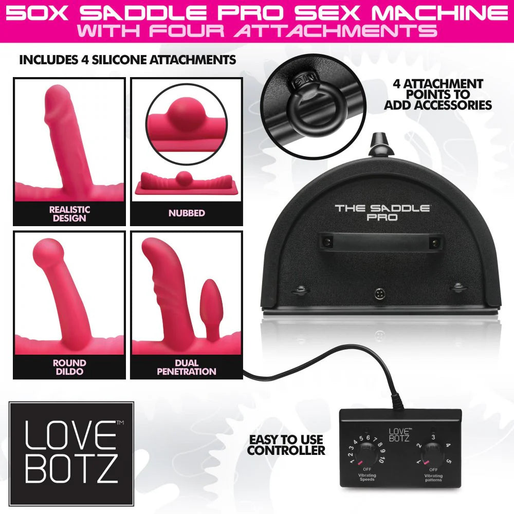 Collage of images shows some of the features of the Sex Saddle Pro. Text reads: "Includes 4 silicone attachments. 4 attachment points to add accessories. Easy to use controller." | Kinkly Shop
