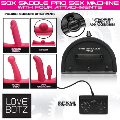 Collage of images shows some of the features of the Sex Saddle Pro. Text reads: "Includes 4 silicone attachments. 4 attachment points to add accessories. Easy to use controller." | Kinkly Shop