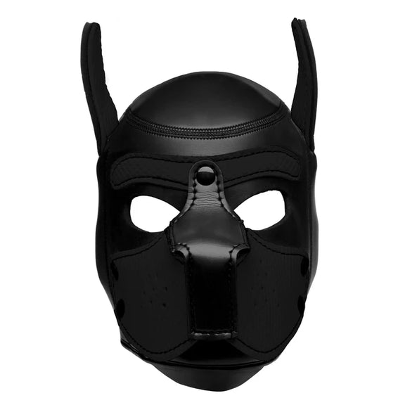 The Master Series Spike Puppy Hood shown in front of a plain white background. You can see through the wide eye holes to the white background behind it. | Kinkly