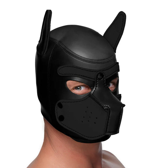 A person wears the Master Series Spike Puppy Hood while looking into the camera. The hood looks very well-constructed. | Kinkly