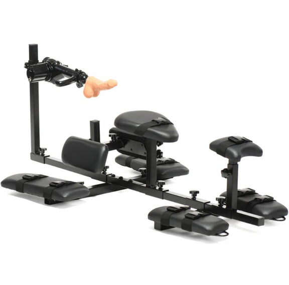 The stockade with the sex machine and dildo attached shown in front of a white background. All of the bondage straps are nicely secured and fastened on top of each one of the limb platforms. | Kinkly Shop