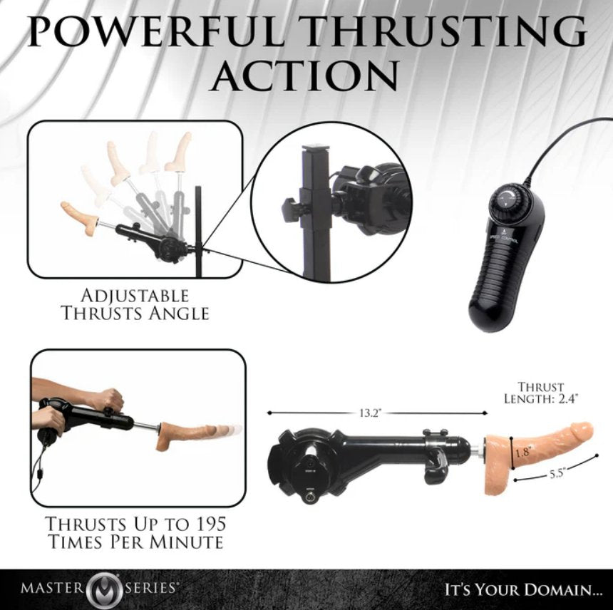 Close-ups of the adjustable angle hitch for the sex machine, the handheld remote for the machine, and a picture of someone hand-holding the sex machine to use it without the stockade post. The text reads: "Powerful thrusting action. Adjustable thrust angle. Thrusts up to 195 times per minute. Sex mahine 13.2" in length." | Kinkly Shop