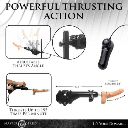 Close-ups of the adjustable angle hitch for the sex machine, the handheld remote for the machine, and a picture of someone hand-holding the sex machine to use it without the stockade post. The text reads: "Powerful thrusting action. Adjustable thrust angle. Thrusts up to 195 times per minute. Sex mahine 13.2" in length." | Kinkly Shop