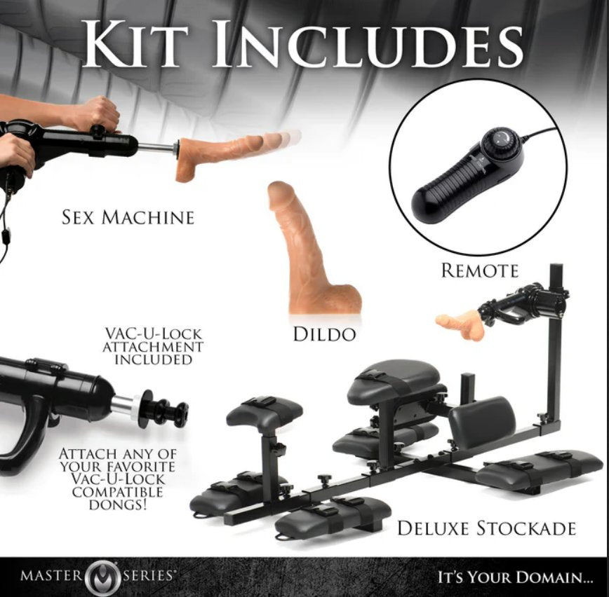 Image of everything included in the kit with its images. Text reads: "Kit includes. Sex machine, dildo, wired remote, deluxe stockade, Vac-u_lock attachment to attach any of your favorite Vac-U-Lock compatible dongs" | Kinkly Shop