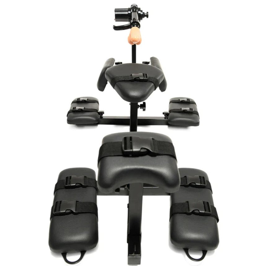 The XR Brands Subversion Stockade with Sex Machine with a close-up of the padded neck headrest. There's a U-shaped cut-out on the head platform to make it more comfortable to rest the head. | Kinkly Shop