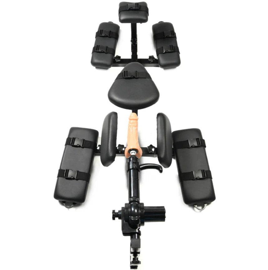 Top-down view of the XR Brands Subversion Stockade with Sex Machine attached showcases all of the padding and platforms of the stockade. It has a chin/head rest, forearm rest, tummy rest, thigh support, and calf rest. | Kinkly Shop