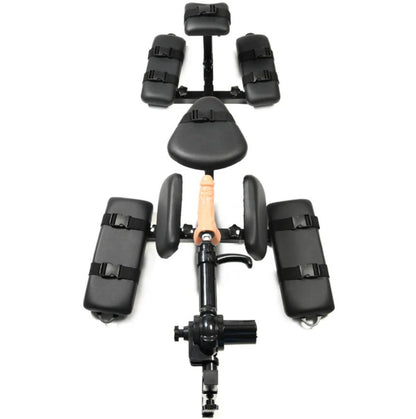 Top-down view of the XR Brands Subversion Stockade with Sex Machine attached showcases all of the padding and platforms of the stockade. It has a chin/head rest, forearm rest, tummy rest, thigh support, and calf rest. | Kinkly Shop