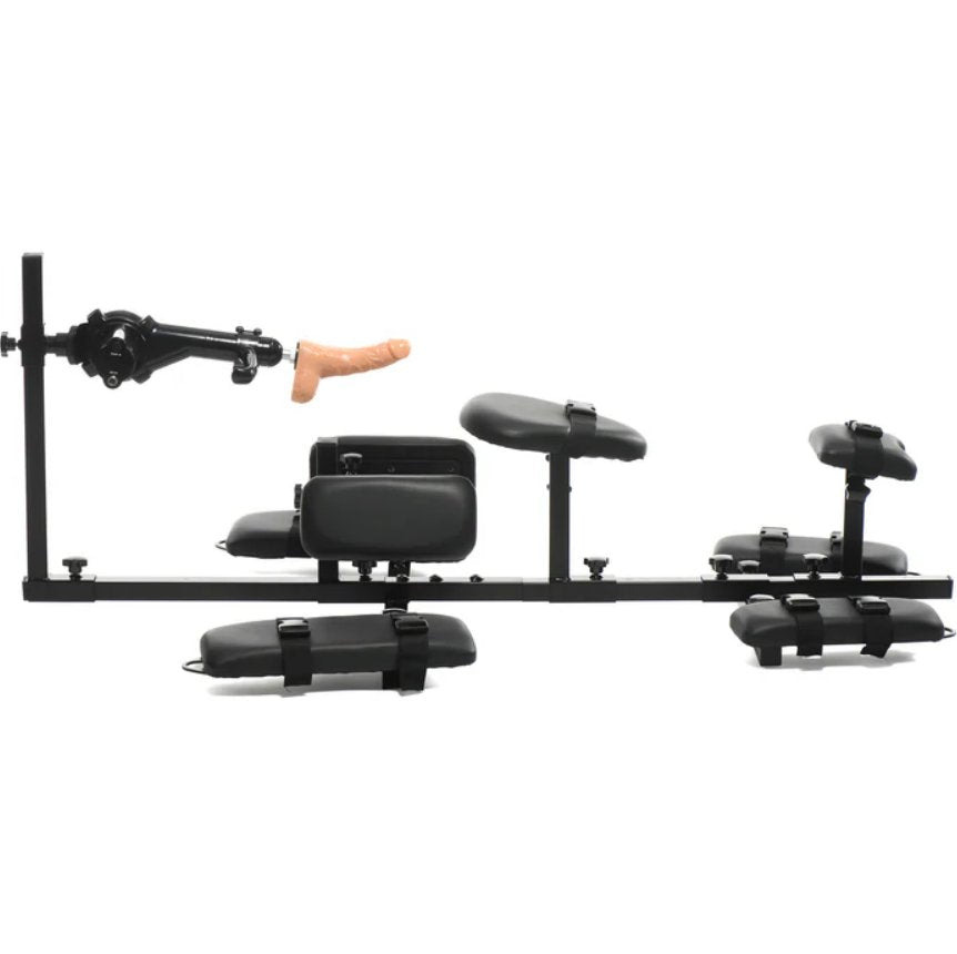Side view of the XR Brands Subversion Stockade with Sex Machine with a dildo attached. | Kinkly Shop