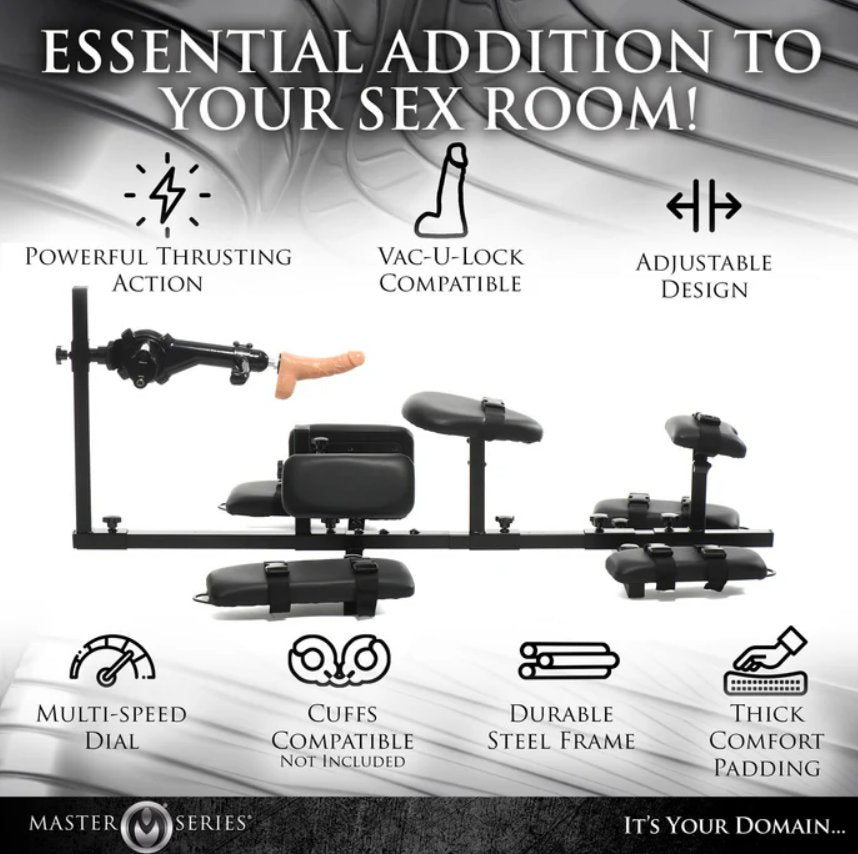 An image of the XR Brands Subversion Stockade with Sex Machine next to icons that showcase the features of the stockade. Text on the image reads: "Essential addition to your sex room. Powerful thrusting cation. Vac-U-Lock compatible. Adjustable design. Multi-speed dial. Cuffs compatible (not included), Durable steel frame, Thick comfort padding" | Kinkly Shop