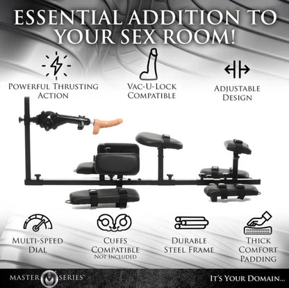 An image of the XR Brands Subversion Stockade with Sex Machine next to icons that showcase the features of the stockade. Text on the image reads: "Essential addition to your sex room. Powerful thrusting cation. Vac-U-Lock compatible. Adjustable design. Multi-speed dial. Cuffs compatible (not included), Durable steel frame, Thick comfort padding" | Kinkly Shop