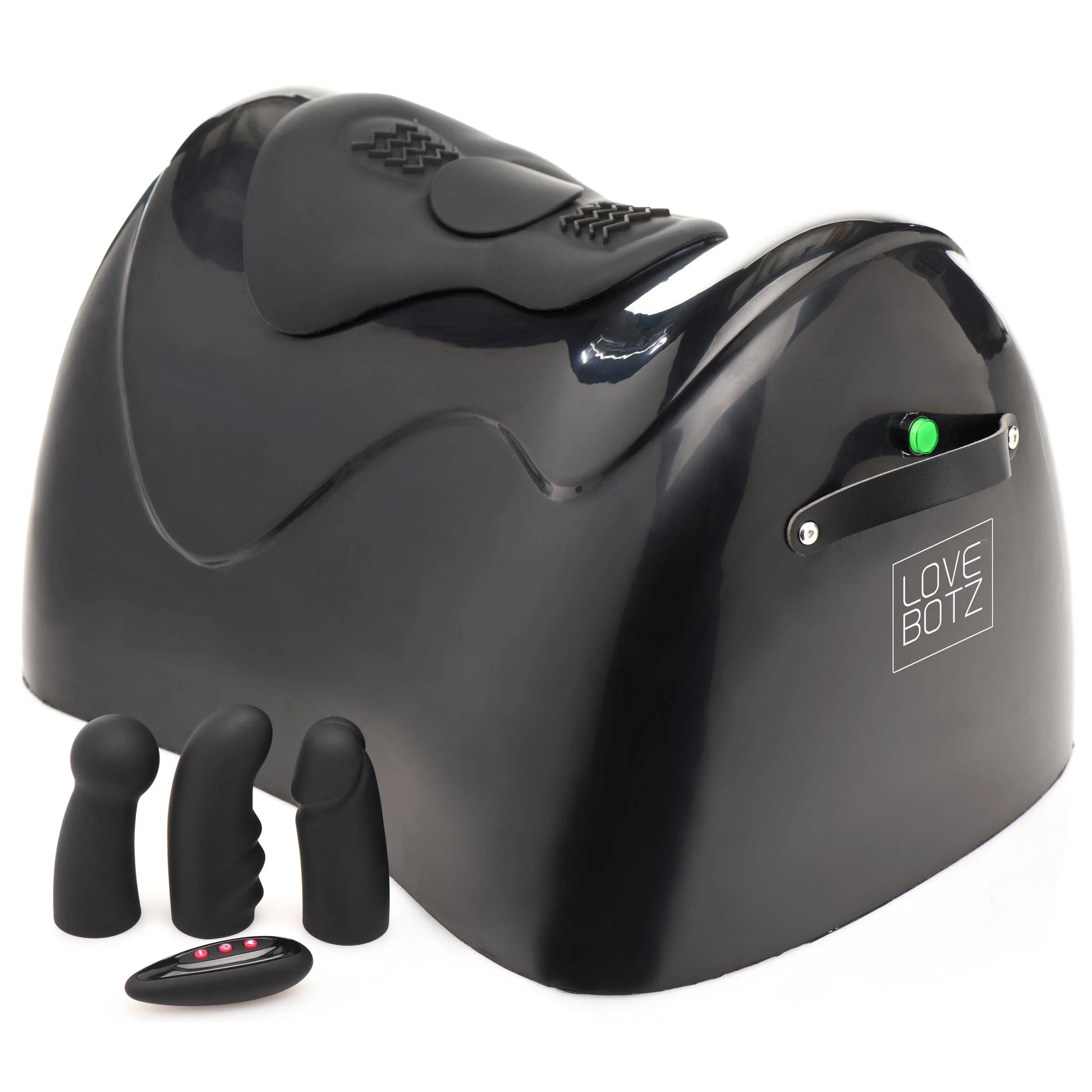 The Bucking Saddle Sex Machine shown next to the interchangeable attachment tips. | Kinkly Shop