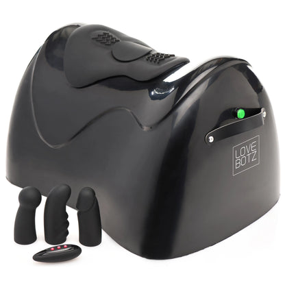 The Bucking Saddle Sex Machine shown next to the interchangeable attachment tips. | Kinkly Shop