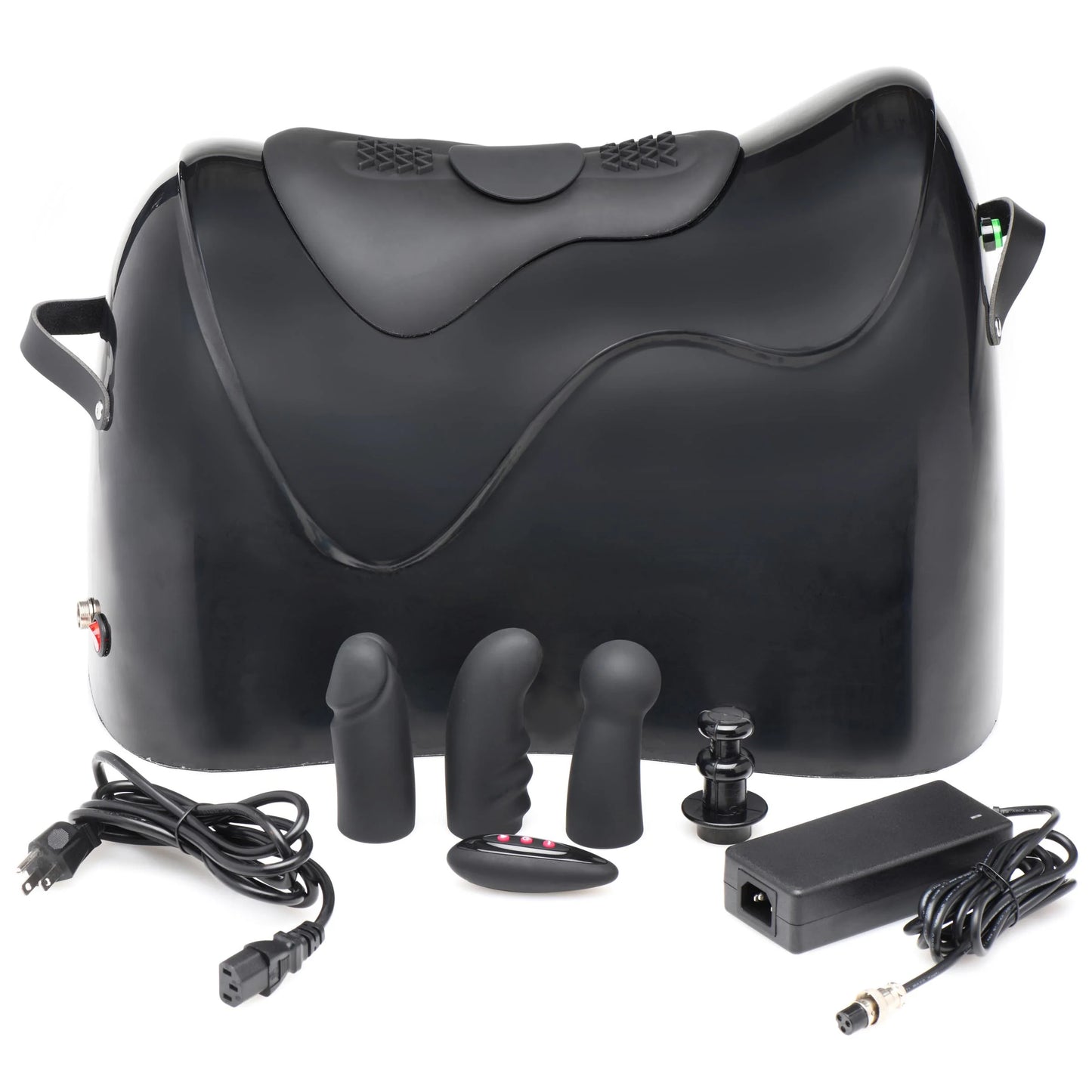 The Bucking Saddle Sex Machine and everything it comes with placed in front of the sex machine. | Kinkly Shop