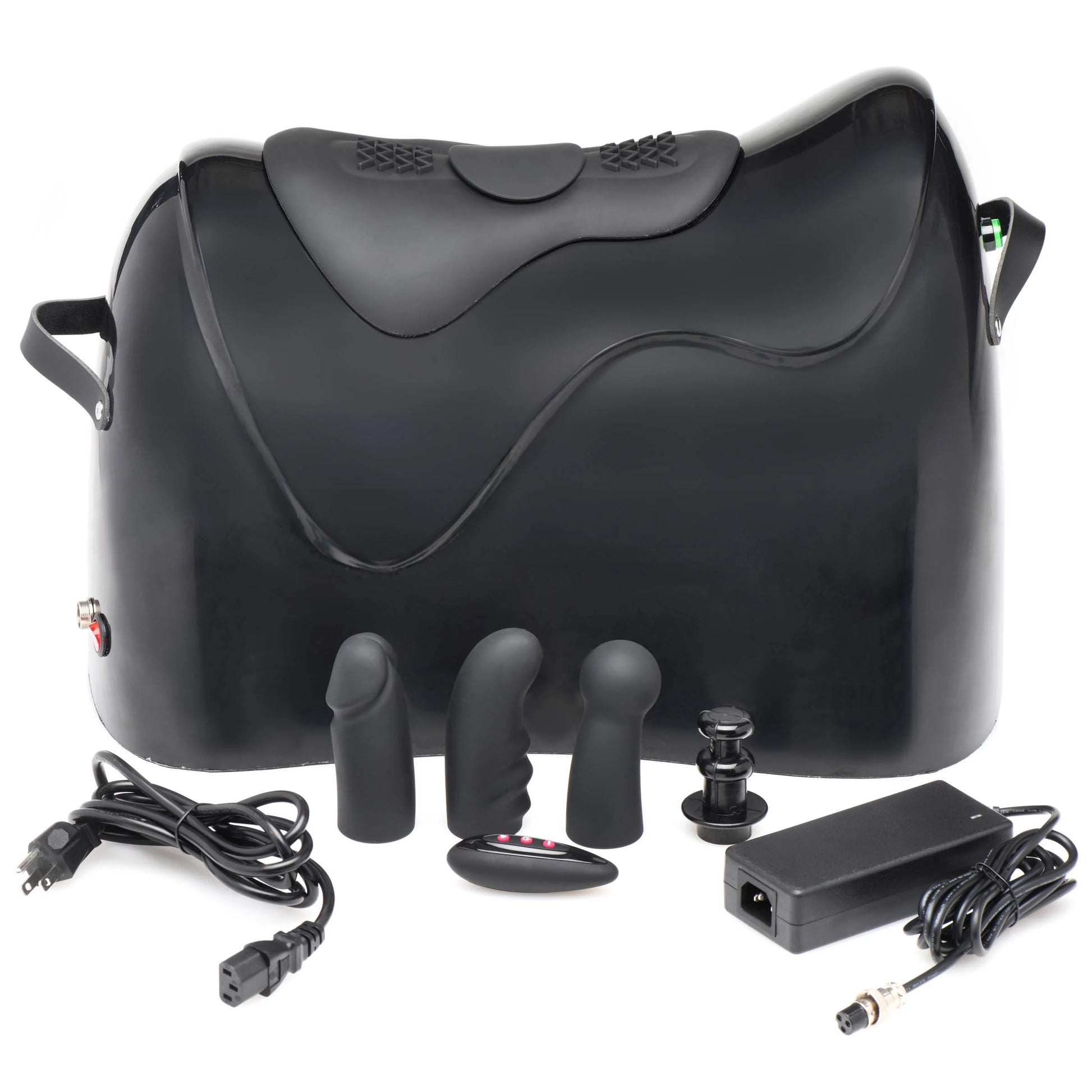 The Bucking Saddle Sex Machine and everything it comes with placed in front of the sex machine. | Kinkly Shop