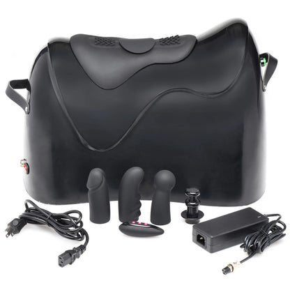 The Bucking Saddle Sex Machine and everything it comes with placed in front of the sex machine. | Kinkly Shop