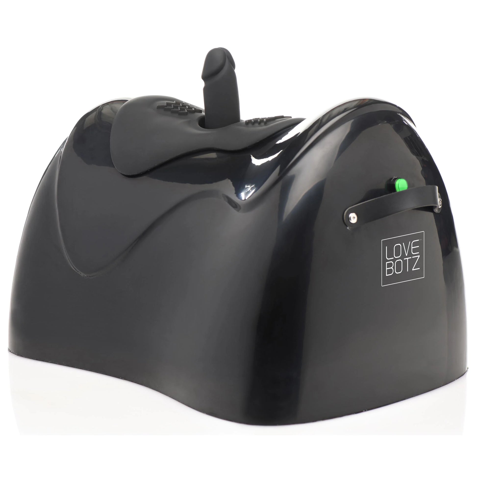 The Bucking Saddle Sex Machine shown with the realistic attachment tip inserted into the machine. | Kinkly Shop