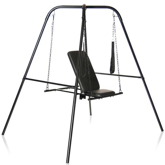 The Throne Adjustable Sex Sling with Stand shown in front of a plain white background. There is a lot to it, and it looks very heavy. It looks like it's, essentially, suspending a very comfortable chair in the middle of a room. | Kinkly Shop