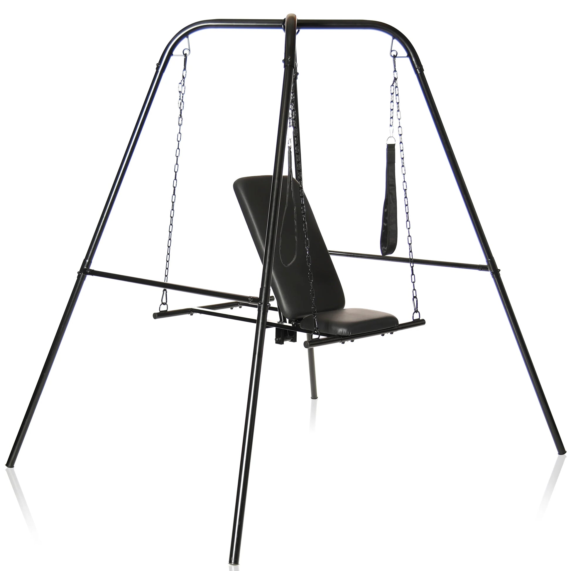 The Throne Adjustable Sex Sling with Stand shown in front of a plain white background. There is a lot to it, and it looks very heavy. It looks like it's, essentially, suspending a very comfortable chair in the middle of a room. | Kinkly Shop