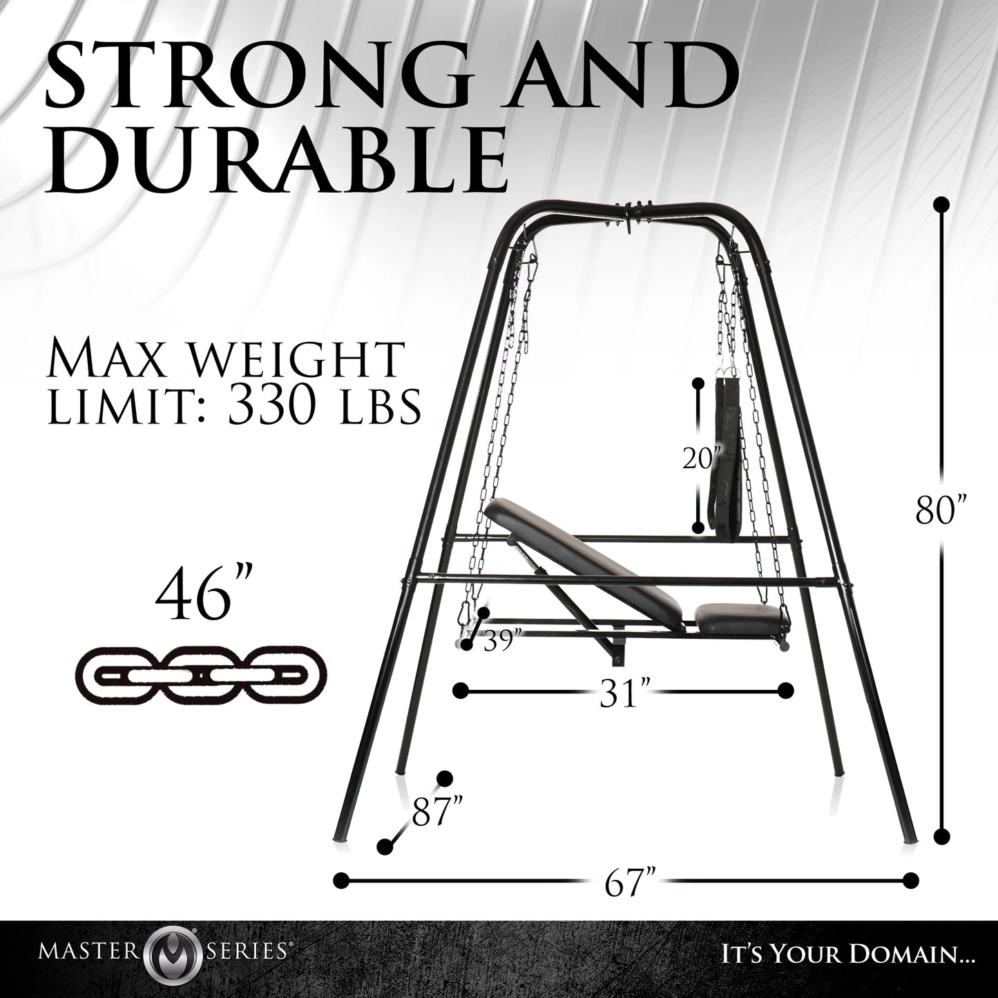 The Throne Adjustable Sex Sling with Stand with all of the measurements written overtop of it. All measurements can be found within the product description text. | Kinkly Shop