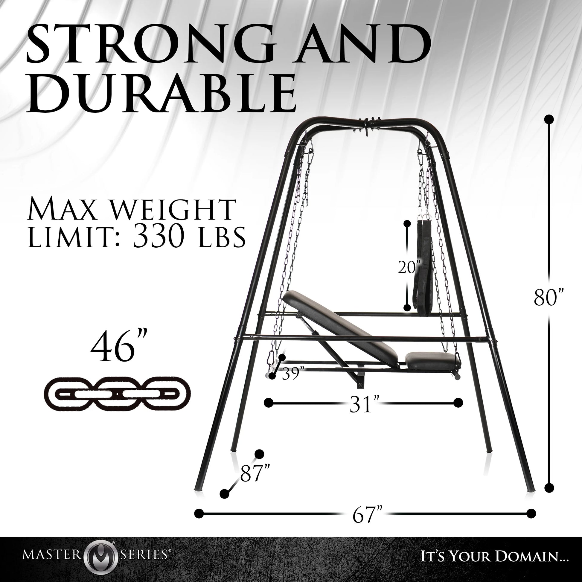 The Throne Adjustable Sex Sling with Stand with all of the measurements written overtop of it. All measurements can be found within the product description text. | Kinkly Shop