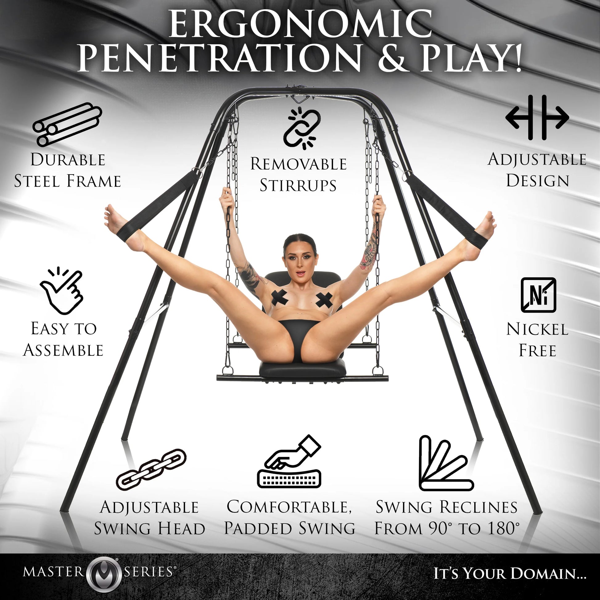 A person sits in the Throne Adjustable Sex Sling with Stand while icons and text surround the image. Text reads: Durable steel frame, adjustable design, removable stirrups, easy to assemble, nickel free, adjustable swing head, comfortable padded swing, swing reclines from 90 degrees to 180 degrees | KInkly Shop