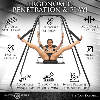 A person sits in the Throne Adjustable Sex Sling with Stand while icons and text surround the image. Text reads: Durable steel frame, adjustable design, removable stirrups, easy to assemble, nickel free, adjustable swing head, comfortable padded swing, swing reclines from 90 degrees to 180 degrees | KInkly Shop