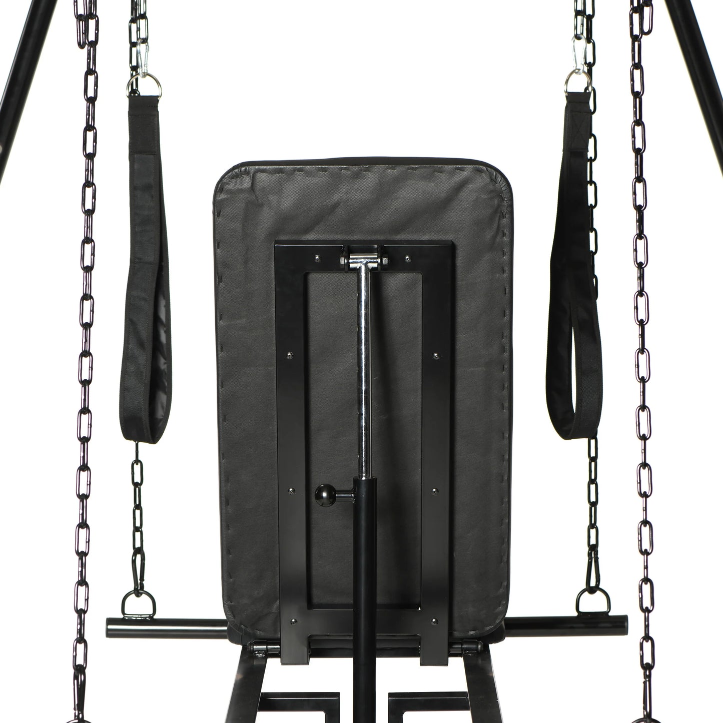 The back of the backrest on the seat. It shows the leverage system it uses to raise and lower the back rest. It looks like the same system you'd use to adjust the equipment height at your local gym. | Kinkly Shop